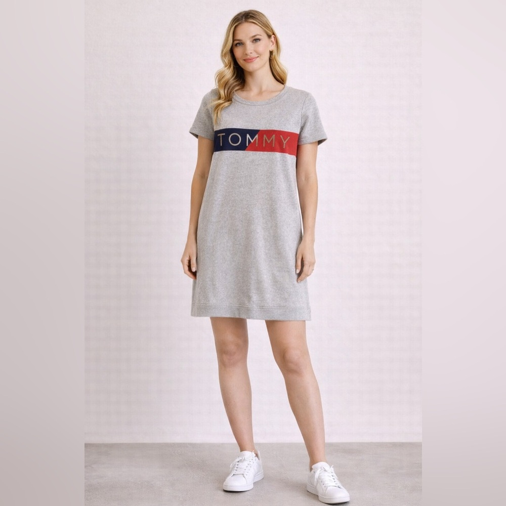 Tommy Hilfiger Women’s Sporty Logo T-Shirt Dress Small Gray Short Sleeve 90s Y2K